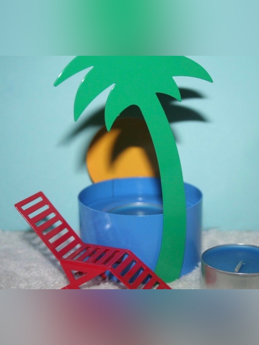 Vintage Avon Tropical Pool Beach Party Candle Holder w sun, palm tree & chair
